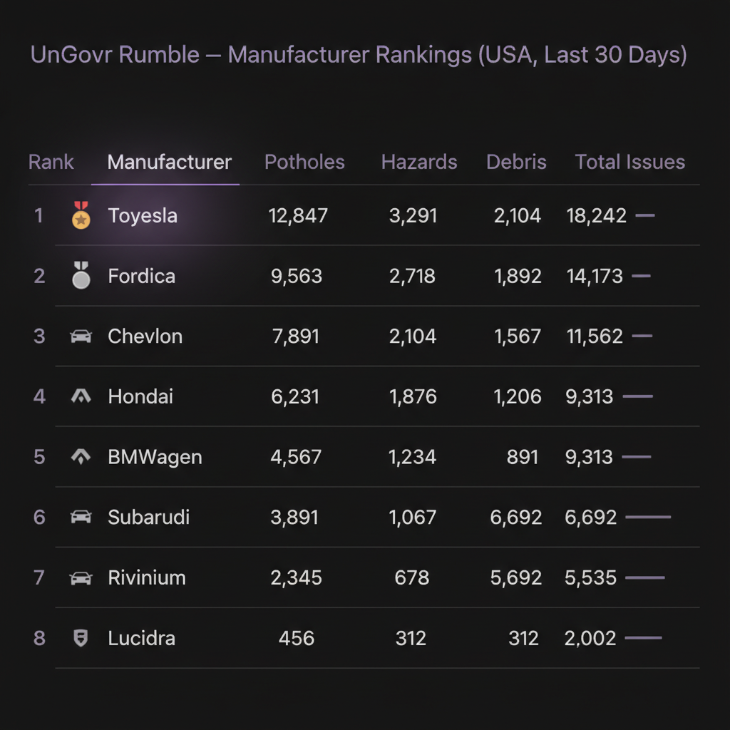 UnGovr Rumble — Manufacturer Rankings (USA, Last 30 Days)